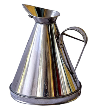 A metallic conical measuring container with a wide brim and a side handle. 