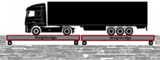 Truck and trailer coupled, with the truck on one weighbridge and the trailer on another